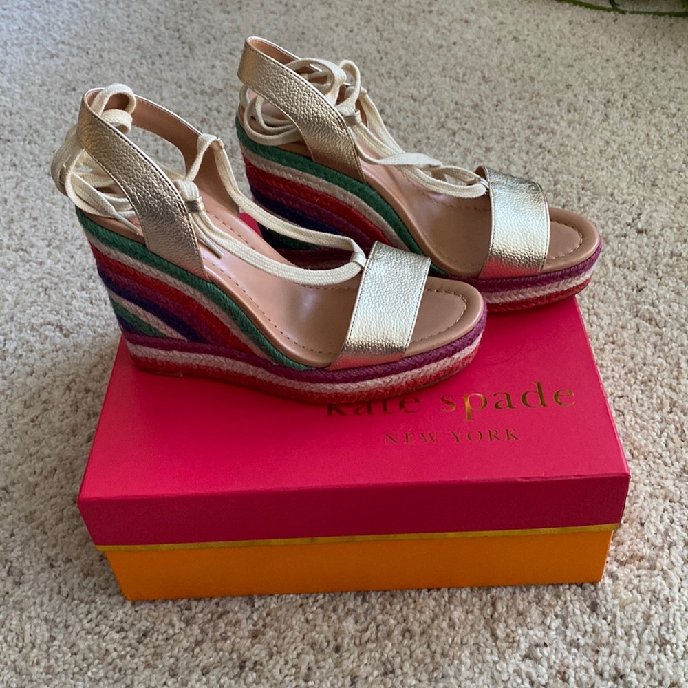 NEW Kate Spade Wedge Rainbow Gold Sandals